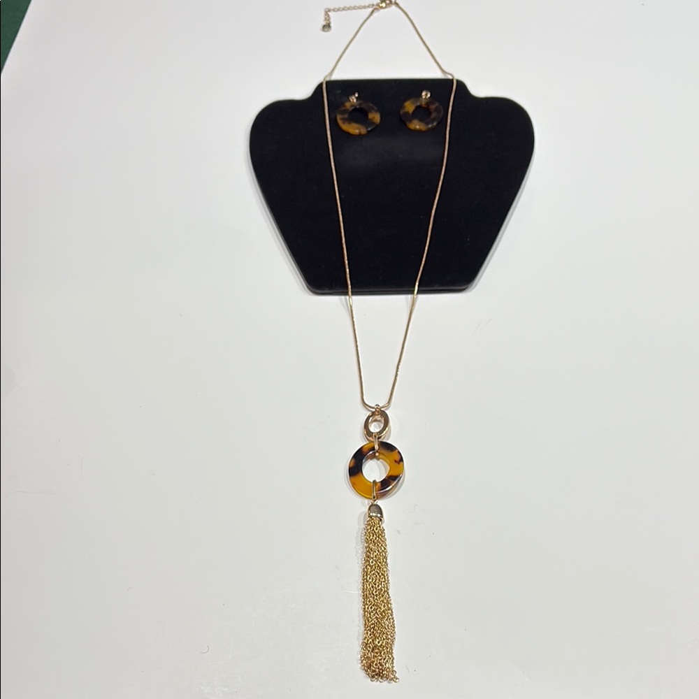 Tortoiseshell Pendant Tassel Necklace and Earring Set - Gold Tone